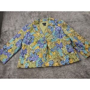 RQT Green Floral Blazer‎ Women's Large Petite Linen Blend Formal Jacket Boho